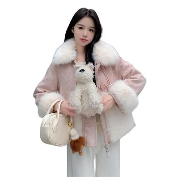 感国风保暖羽绒服女拼接翻领粉色外套毛绒新款新中式冬季