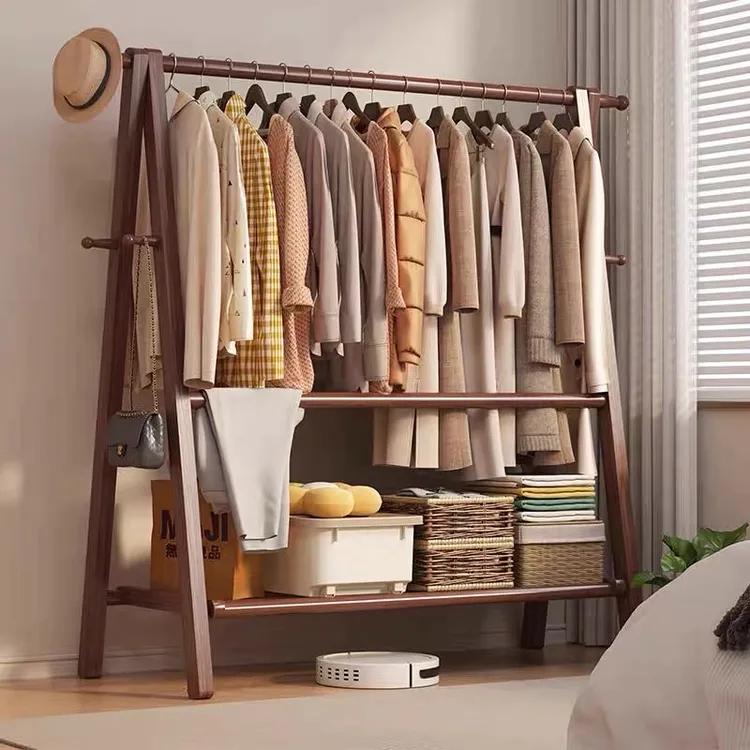 简约立式实木衣帽架家用落地多功能晾衣架卧室加粗加厚折叠挂衣架