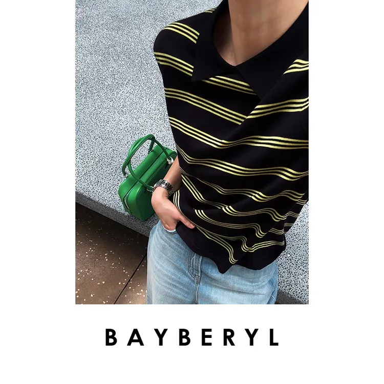 BAYBERYL老贝缪polo领撞色条纹百搭时尚短袖针织衫ZZS5F0401-6/14