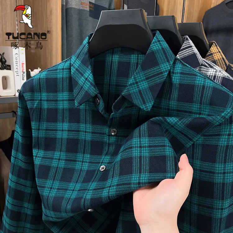 啄木鸟春秋新款中青年男士长袖休闲衬衫时尚百搭格子衬衣上衣外套