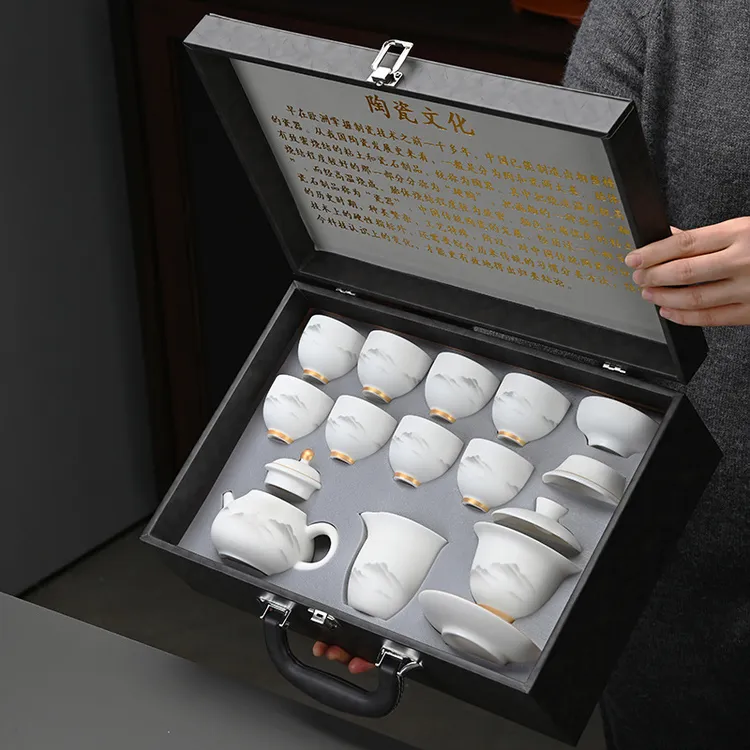 高档功夫茶具套组家用轻奢羊脂玉描金盖碗茶壶茶具套装一整套