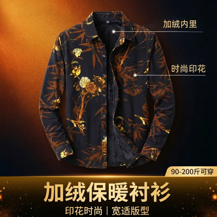 秋冬商务休闲时尚印花男士长袖衬衫中年加厚加绒保暖男衬衫衬衣