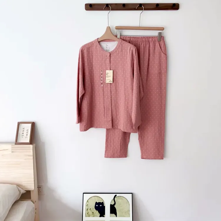 【布丁格】女士（长袖长裤）春秋款全棉家居服睡衣女款双层棉纱睡衣