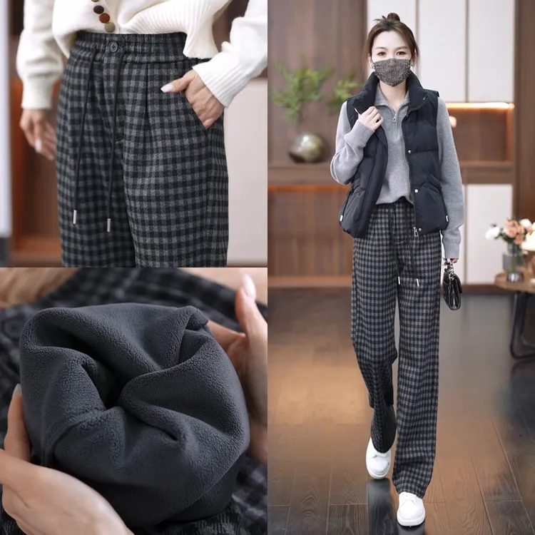 秋冬季新款加绒保暖格纹阔腿裤休闲毛呢格子裤高腰宽松显瘦直筒裤