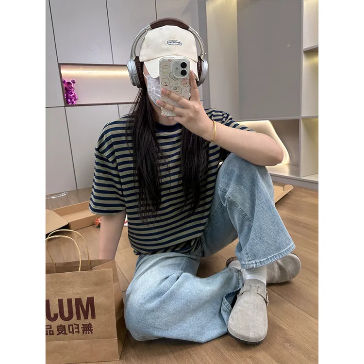 美式复古条纹T恤男夏季薄款冰丝短袖cleanfit少年感小领口5五分袖