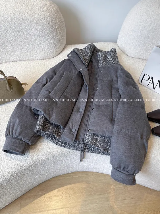 防风耐脏羽绒服女2025冬季新款设计感休闲百搭拼接白鸭绒外套棉衣