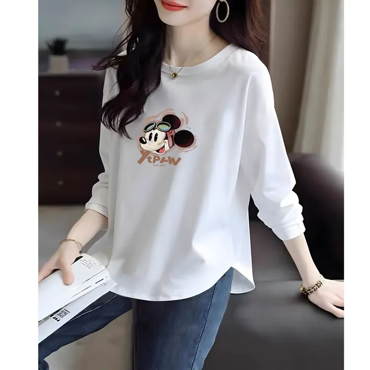 白色长袖t恤女2025春秋新款宽松纯棉内搭打底衫大码显瘦遮肚上衣