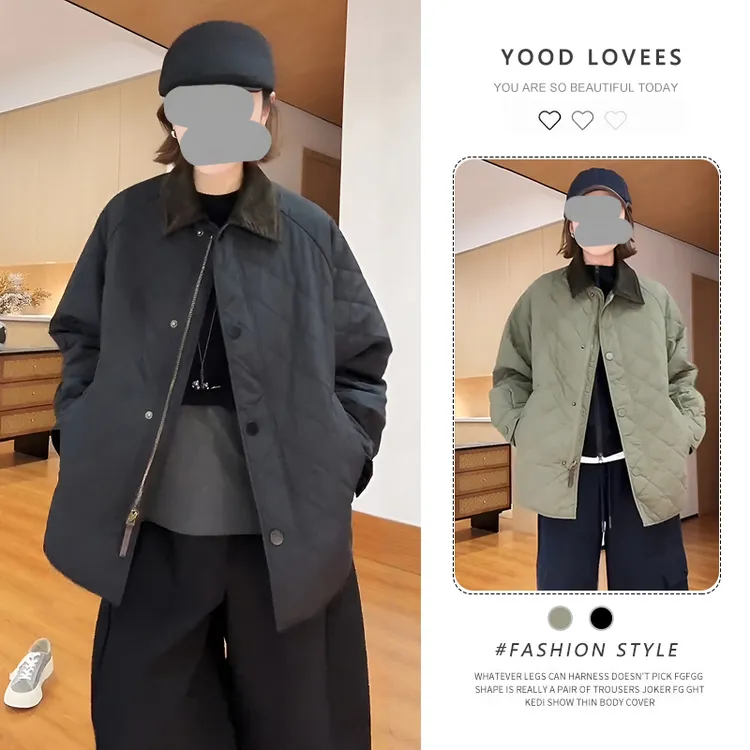 高级感菱格压线翻领轻薄款棉服外套女秋冬新款韩版宽松显瘦棉上衣