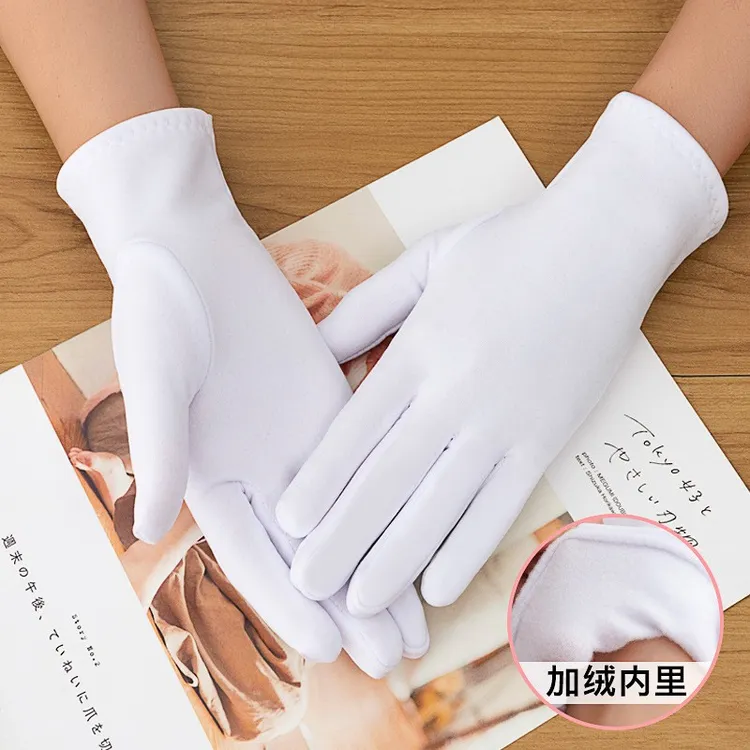 秋冬加绒保暖手套白色舞蹈健身操广场舞防寒运动会高级礼仪白手套