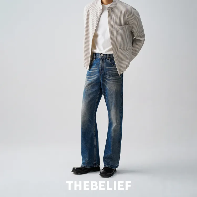 25981#赤耳丹宁水洗双面靛蓝底赛络纺2021m宽松微喇叭牛仔裤男
