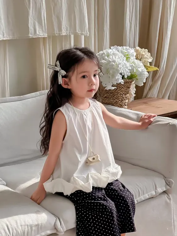 纯色女夏季波点韩版套头套装娃娃衫百搭女童洋气夏款夏装