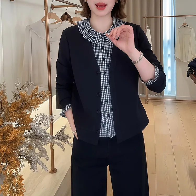 花边领假两件拼接格子衬衫女装秋季新款洋气显瘦设计感正肩上衣
