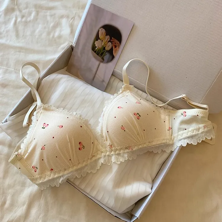 嘉花魅 甜美樱桃蕾丝边内衣女秋季薄款小胸聚拢防下垂透气文胸罩