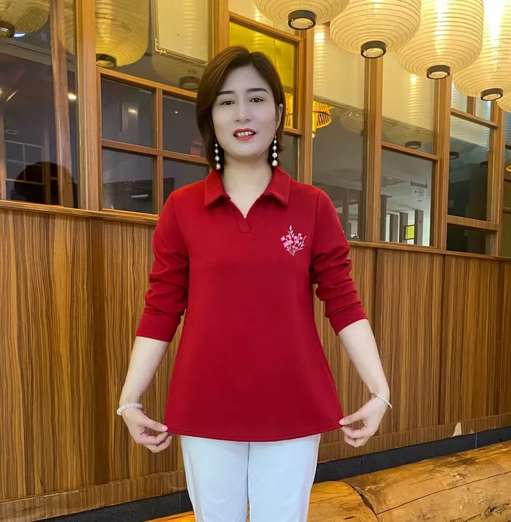 秋季T恤百搭长袖极简风减龄时尚女POLO领纯色翻领洋气大版衫