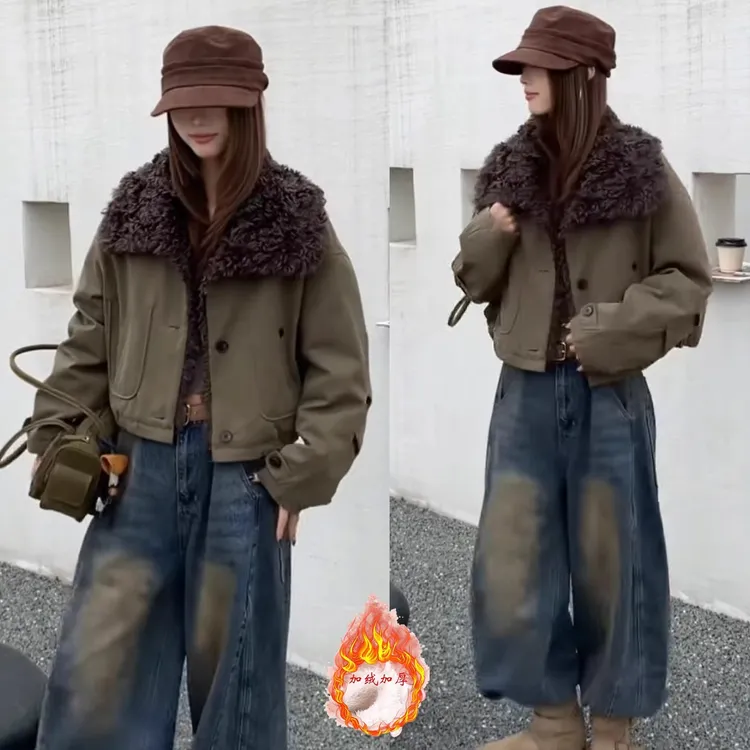 时尚毛领短外套女冬季新款加绒加厚保暖夹克衫小个子洋气派克上衣