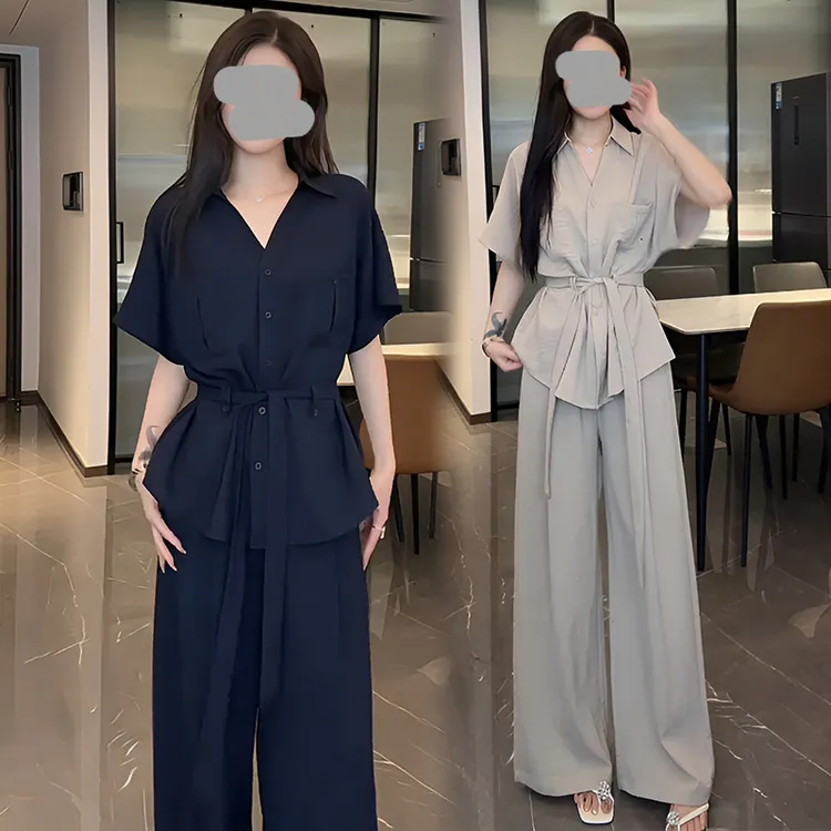 韩系绑带收腰衬衫上衣阔腿裤两件套夏季新款时尚气质百搭显瘦套装