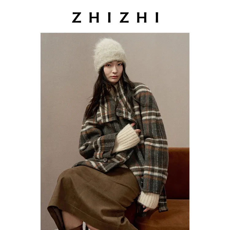 致知 柘枝引  绵羊毛双排扣气质复古毛呢大衣外套25冬ZZ2EWWW9028