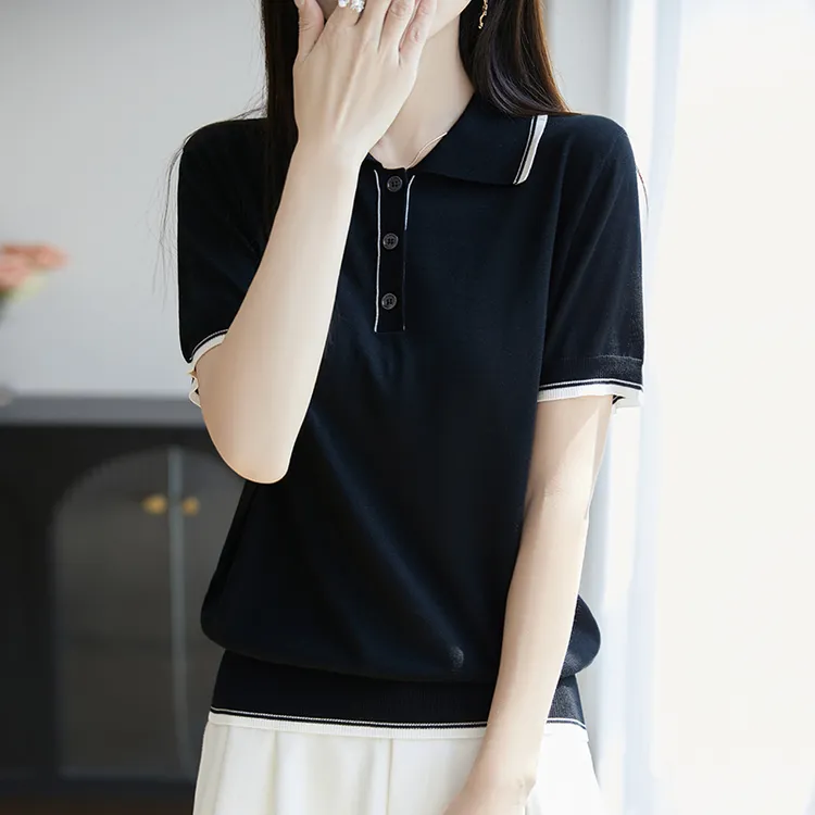 哥弟阿玛施正品时尚莱赛尔天丝POLO领短袖针织夏季薄款洋气衣服女
