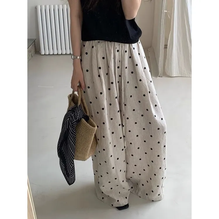 巨好看的大码女装杏色波点抽绳阔腿休闲裤女夏季胖MM减龄时髦长裤
