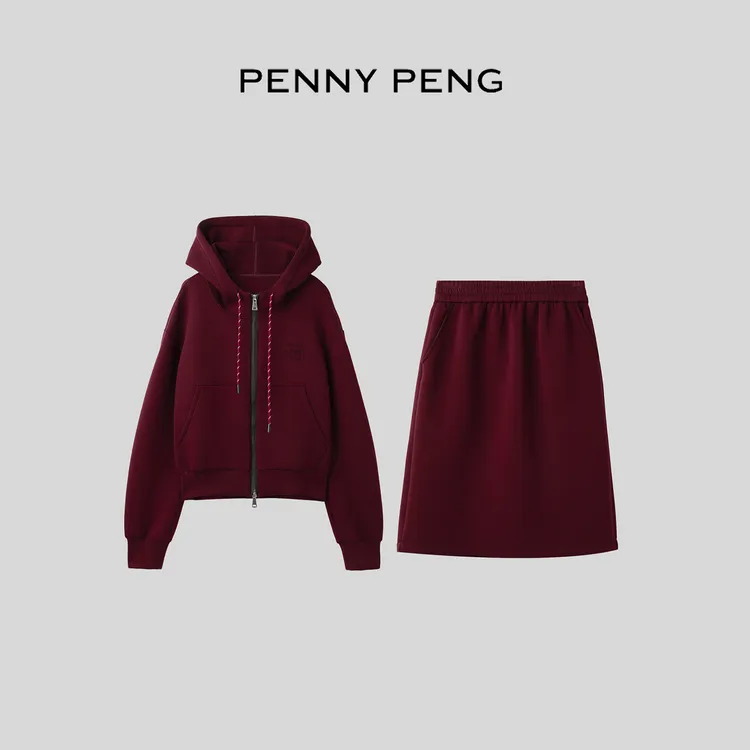 PENNYPENG时尚基因慵懒风连帽抽绳休闲通勤卫衣松紧腰半裙套装 