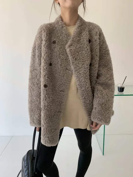 2025新款女双排扣中长款秋冬季韩风休闲软糯毛毛外套百搭气质大衣