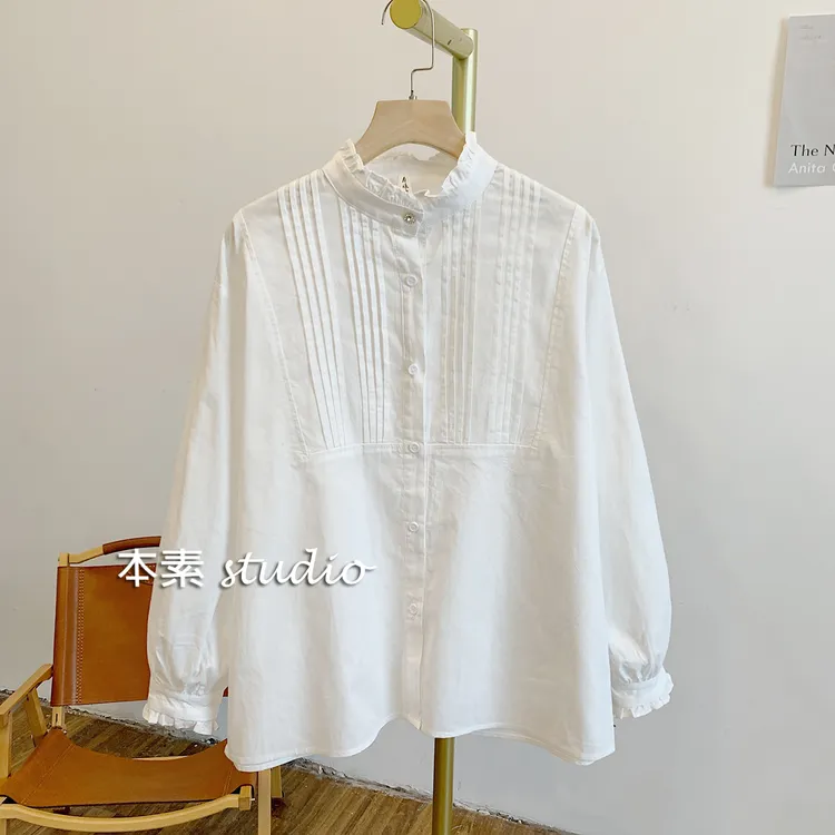 皎皎C2460纯色风琴褶全开扣木耳边立领衬衫