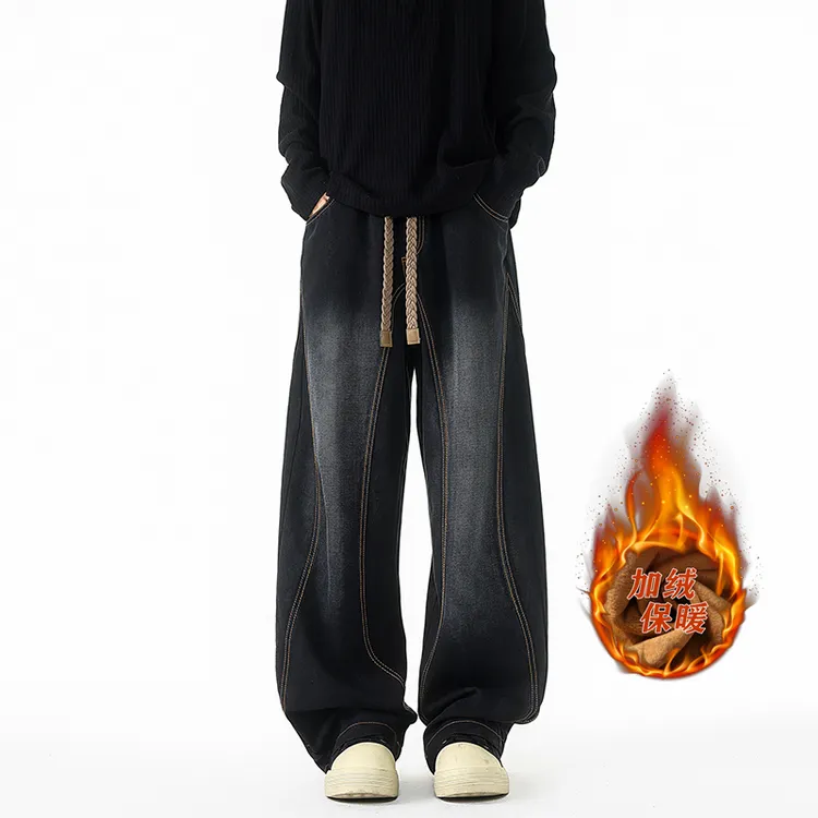 弯刀牛仔裤胖男士美式休闲裤秋冬直筒裤大码宽松加绒阔腿裤子加肥