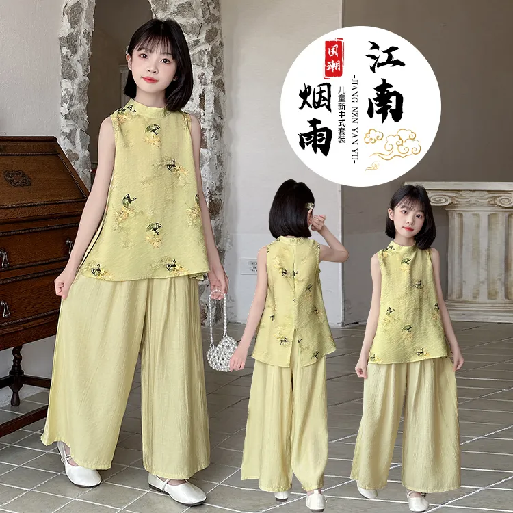 正品中国风2025夏季女童夏季套装9-15岁6小女孩新中式两件套夏装8