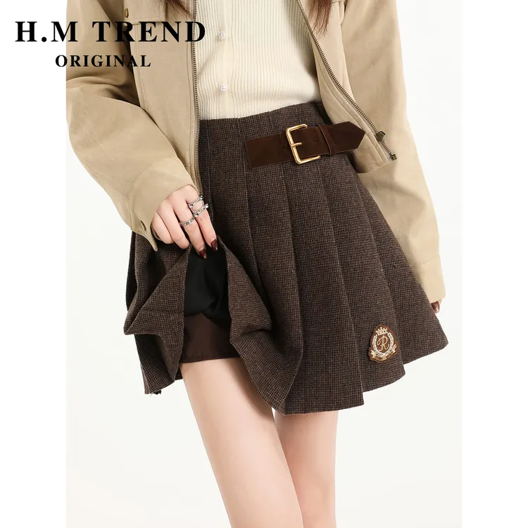 毛呢百褶裙女秋冬2025新款高腰a字学院风辣妹JK百褶半身裙短裙子