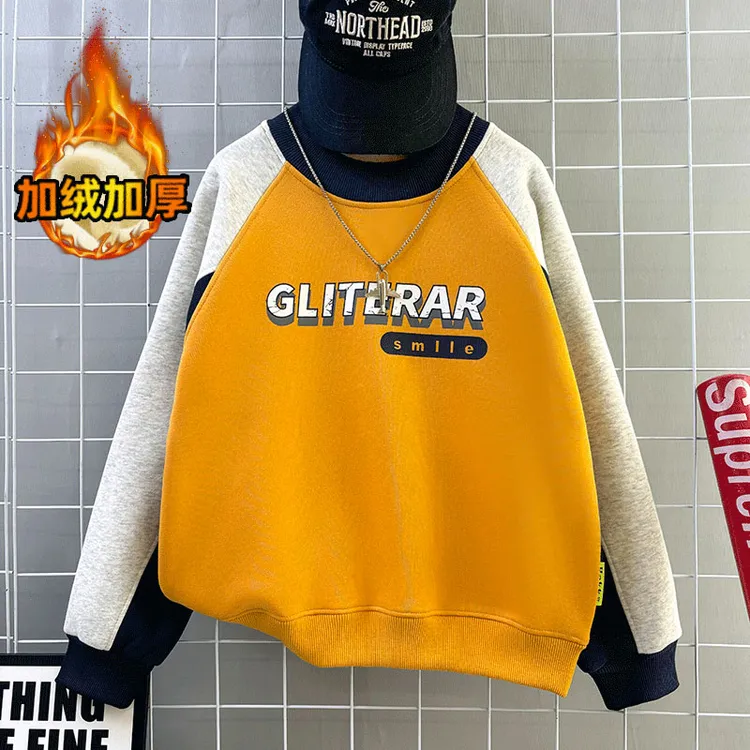 男童加绒加厚卫衣2025儿童中大童撞色拼接圆领宽松百搭潮流单上衣