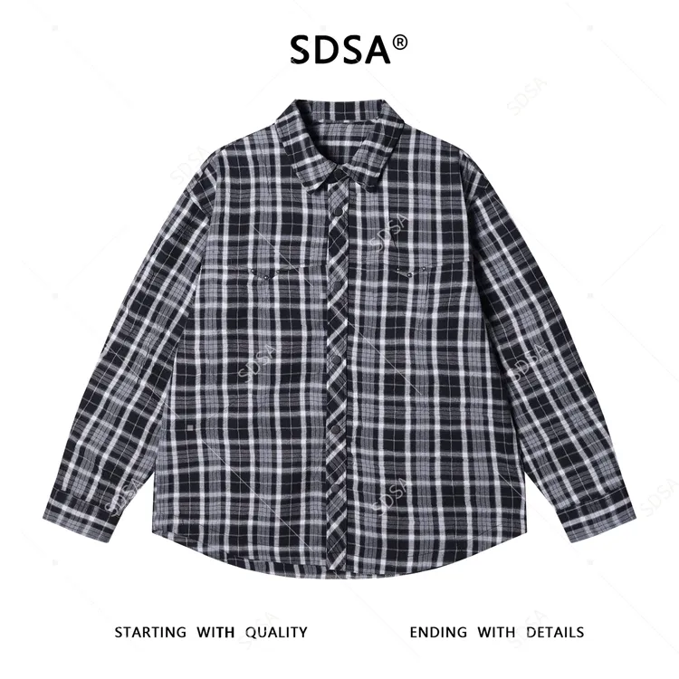 SDSA男士秋冬新款痞帅男装潮牌撞色格纹格子长袖衬衫宽松潮流衬衣