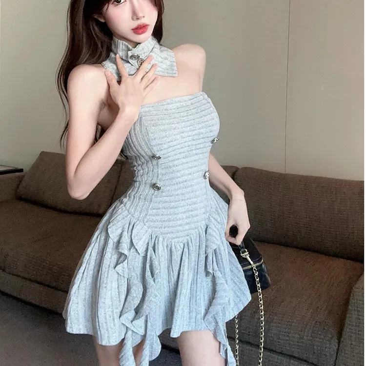 气质别致抹胸高腰飘带连衣裙女夏装纯欲风小个子性感收腰a字短裙