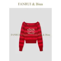 FANRUI/泛芮「樱桃蛋糕」条纹秋款洋气百搭设计宽松针织毛衣B18012