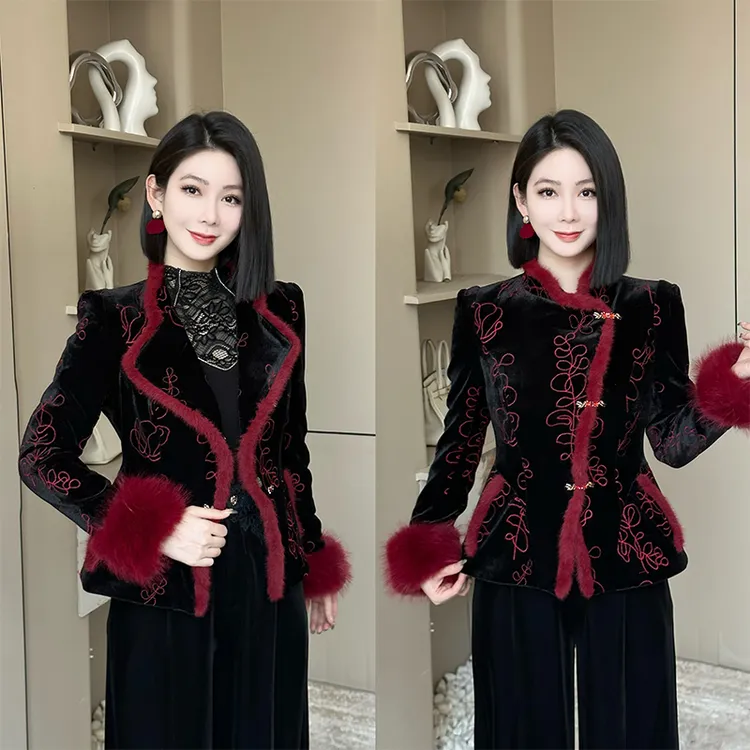 格娜冬季新款时尚洋气百搭新中式女装毛毛袖小众炸街高级感女套装