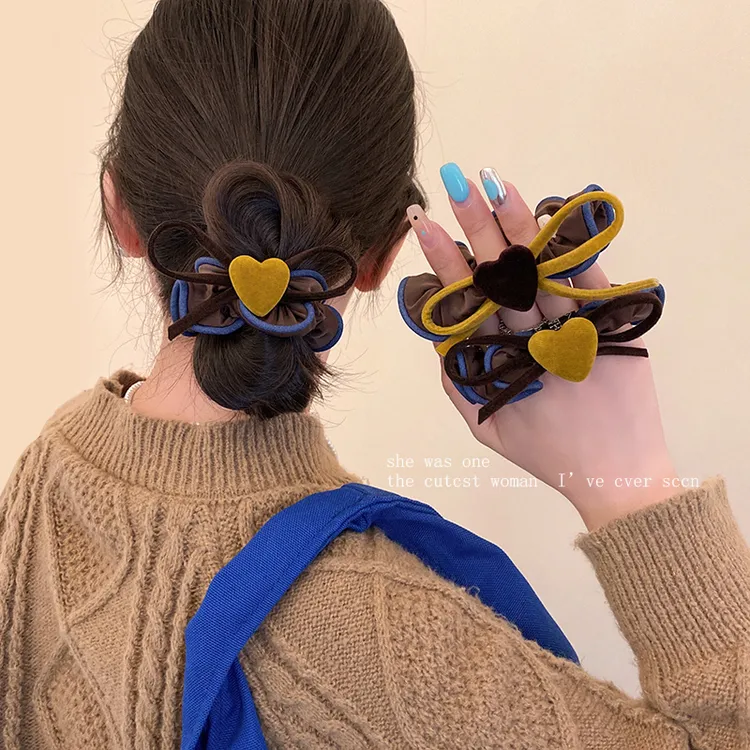 韩国东大门新款爱心蝴蝶结撞色牛仔蓝头绳复古面膜发绳发圈发饰