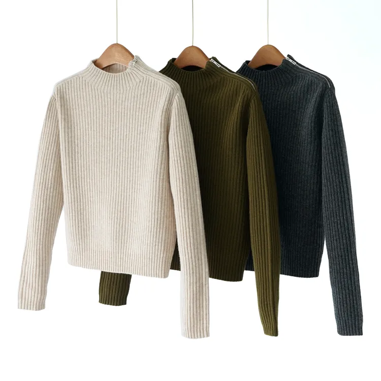 【YS12143】G上货~25秋冬新品100%羊毛设计感肩侧拉链套头针织衫女