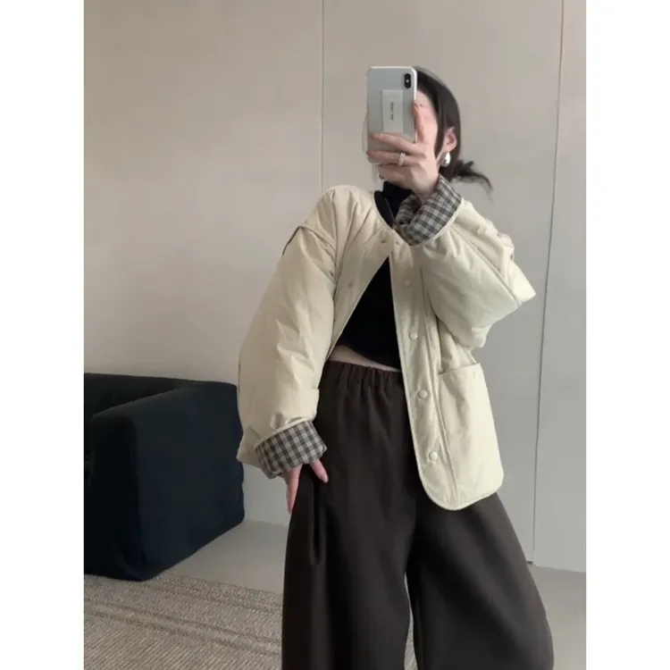 慵懒风圆领设计感格子拼接上衣女2025冬季新款韩系高级感气质外套