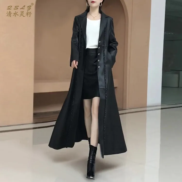 2025秋季新款过膝长款皮衣风衣高级感PU蛋白皮高腰裙摆大衣外套女