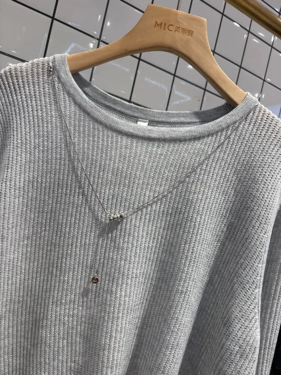 长袖毛针织衫秋季白色女装显瘦灰色百搭针织圆领女