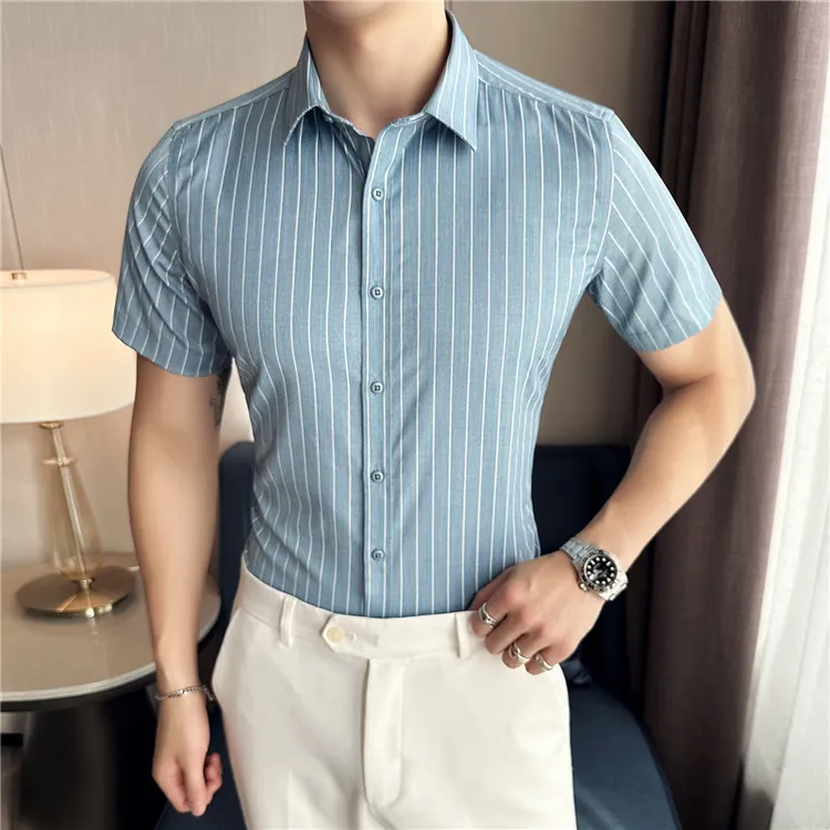 竖条纹衬衫男短袖衬衣男士薄款韩版修身帅气夏季半袖时尚休闲百搭