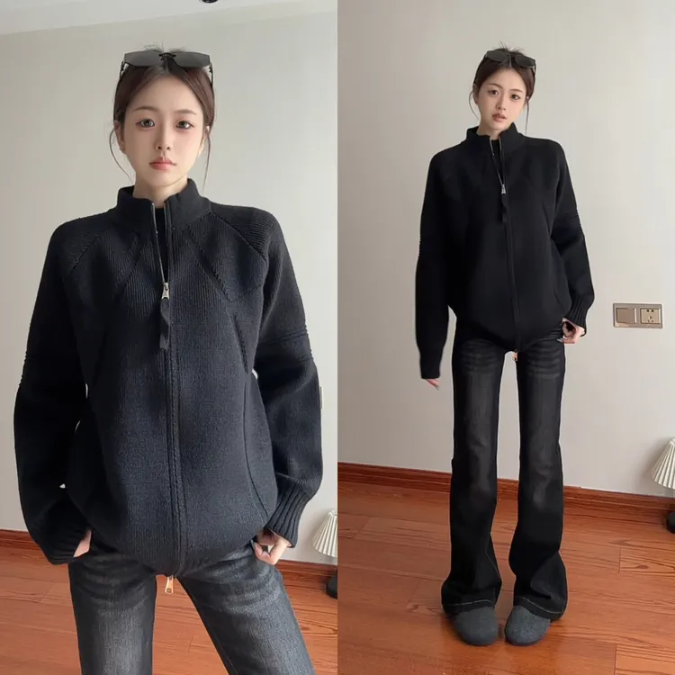 cleanfit黑色针织开衫外套男款秋冬高级感慵懒风韩系立领拉链毛衣