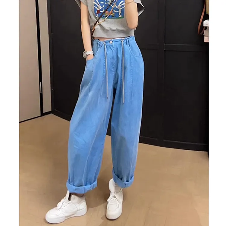 2025夏季新款韩版宽松高腰显瘦设计感抽绳小众蓝色直筒阔腿休闲裤