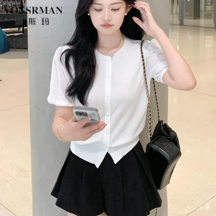 范斯玛白色短袖针织开衫女薄款外穿2025新款夏季时尚洋气冰丝针织