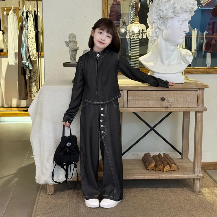 女童设计感原色多纽扣套装2025春秋中大童洋气纯色气质个性两件套