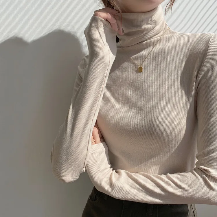 高领堆堆领打底衫女秋冬长袖修身显瘦螺纹内搭上衣