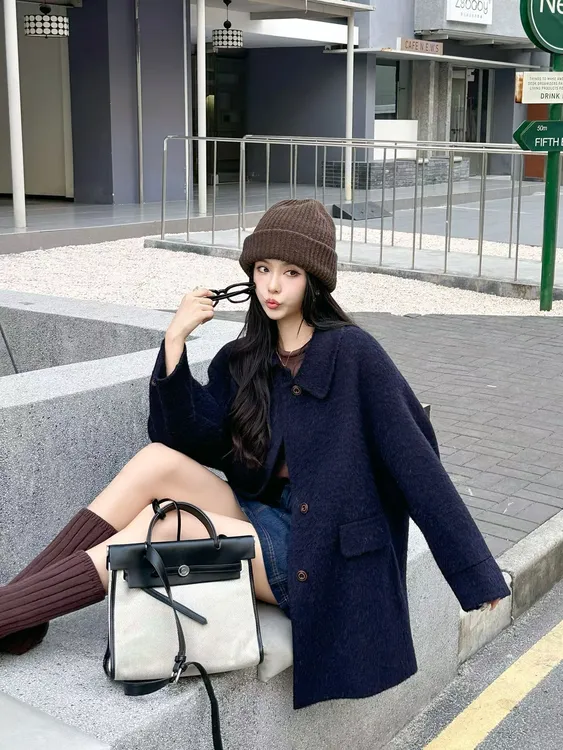 通勤常规款街头风中长款毛呢外套驼色冬季双面呢时尚