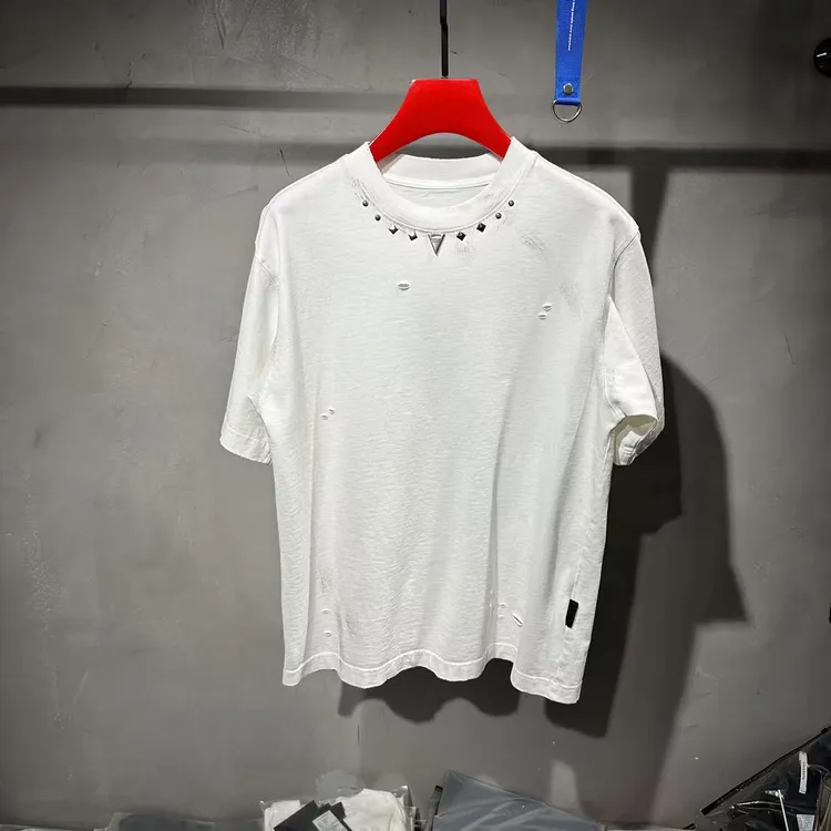 拉风哥 夏季新款F557重磅100棉潮牌个性铆钉款手绘磨破设计款短袖