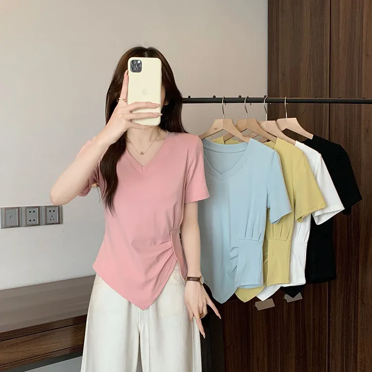 2025夏装新款胖mm大码女韩版时尚v领不规则纯色短袖T恤33712
