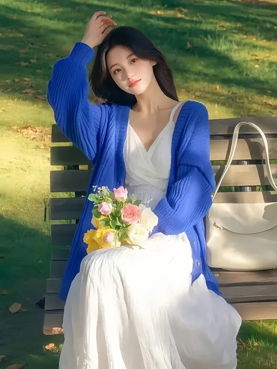 法式超仙气质海边度假风蓝色针织开衫白色吊带沙滩连衣裙两件套女