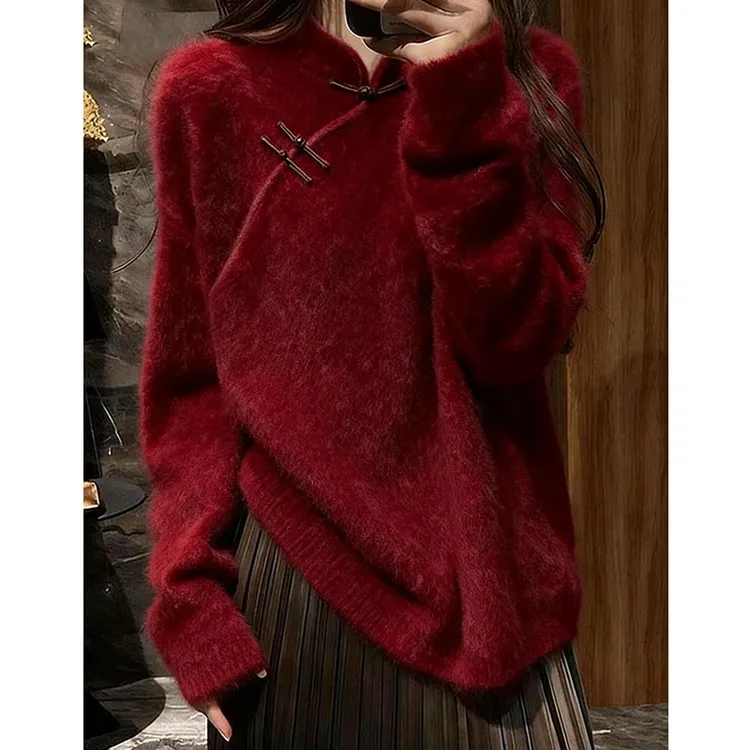 新中式国风毛衣女款2025新款红色高级感针织可外穿内搭上衣女秋冬